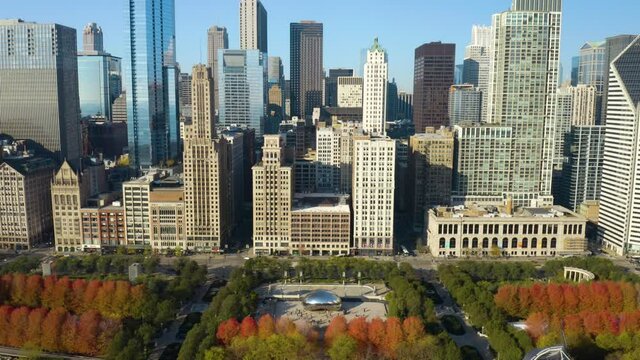 Fixed Aerial Shot of The Bean in Downtown Chicago, Illinois on Picturesque Autumn Day