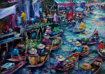 Art painting Oil color Floating market Thai land , countryside , agriculturist , rural life , rural thai