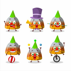 Cartoon character of gummy corn with various circus shows
