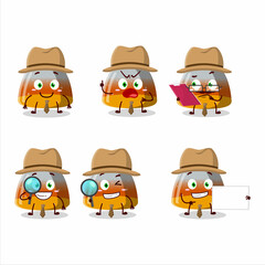 Detective gummy corn cute cartoon character holding magnifying glass