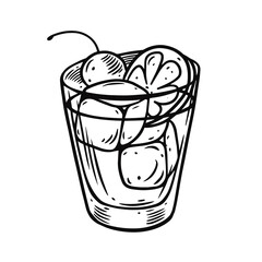 Glass cocktail with cheery and ice cube. Hand drawn black color vintage engraving style. Vector illustration.