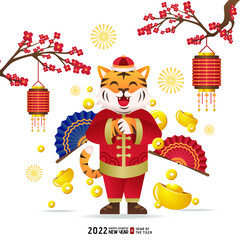Chinese new year 2022, year of the tiger. A tiger greeting. decorated with festive Chinese lanterns. for chinese new year greeting design.