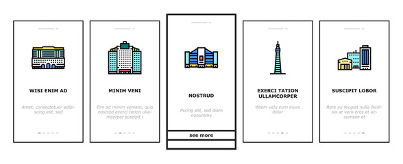 Fototapeta na wymiar Building Restaurant And Store Onboarding Mobile App Page Screen Vector. Warehouse Construction And Office Skyscraper, Cinema And Gift Shop Building, Gas Petroleum Station And Tower Illustrations