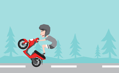 An illustration of a man riding scooter and do some wheelie trick
