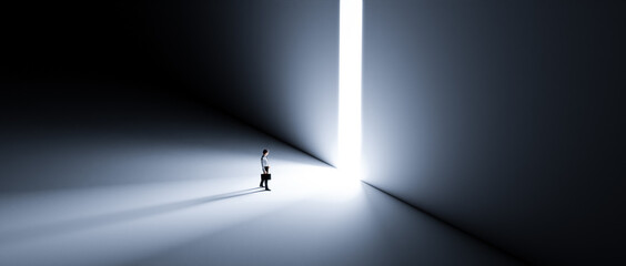 3d render walking man with a case to the opening gate with clearance