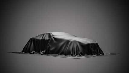 presentation car under black cloth on gray background. 3d rendering