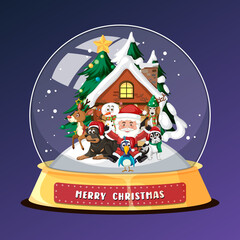 Christmas animals and Santa in snowdome