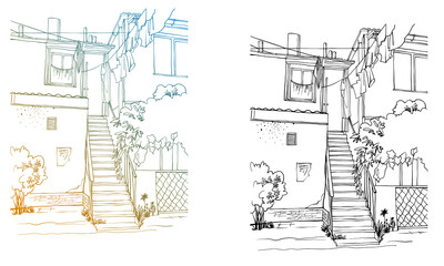 Colourful and black and white urban landscape. Old Odessa square. Ukraine. Hand drawn sketch. Line art. Ink drawing. Vector illustration on white. Without people.