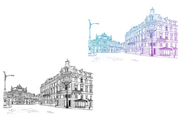 Colourful and black and white urban landscape. Old Odessa square. Ukraine. Hand drawn sketch. Line art. Ink drawing. Vector illustration on white. Without people.