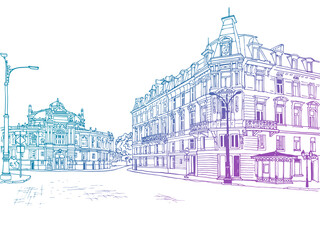Colourful urban landscape. Old Odessa square. Ukraine. Hand drawn sketch. Line art. Ink drawing. Vector illustration on white. Without people.