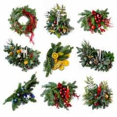 Fototapeta na wymiar A set of nine photos on New Year's theme: a Christmas wreath, compositions with candles and Christmas decorations, dried oranges and fir branches on a white background