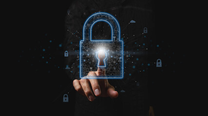 Businessman chooses the padlock icon. Cybersecurity and privacy concepts to protect data. Lock icon, technology for secure storage of information.