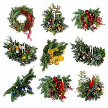 A set of nine photos on New Year's theme: a Christmas wreath, compositions with candles and Christmas decorations, dried oranges and fir branches on a white background