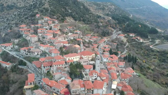 Aerial view over the beautiful historical village Dimitsana during winter period in Arcadia, Peloponnese, Greece