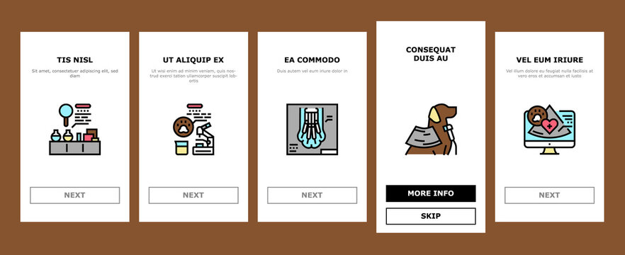 Hospital Pet Health Examination Onboarding Mobile App Page Screen Vector. Hospital Pet Disease Examining Treatment, Immunization And Pain Management, Ultrasound And Radiology Animal Exam Illustrations