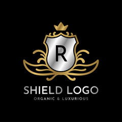 letter R shield gold and silver luxury vector logo design