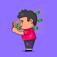 A man receiving money from smartphone metaphor. Earn money online from internet