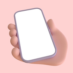 The cartoon character's hand is holding a smartphone, example of using a mobile phone, using mobile applications. 3d illustration.