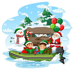 Santa Claus and elves delivering gifts by boat