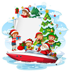 Empty banner with Santa delivering gifts by a boat