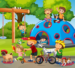 Playground scene with children and animals
