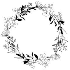 Tiny floral wreath, line art, hand drawn vector 