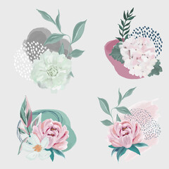 Set of 4 floral compositions with abstract element