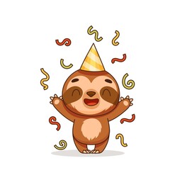 The little sloth is celebrating his birthday. Cute character stands with raised hands among confetti. Postcard in children's cartoon style. Vector illustration for designs, prints and patterns. Vector