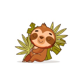 Cute sloth resting in tropical leaves. Postcard in children's cartoon style. Vector illustration for designs, prints and patterns. Vector illustration © EnyaLis