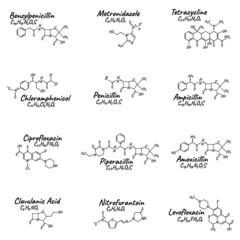 Set of antibiotic chemical formula and composition, concept structural medical drug, isolated on white background, vector illustration.