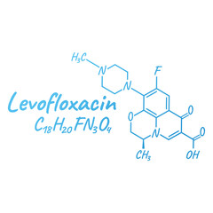 Levofloxacin antibiotic chemical formula and composition, concept structural medical drug, isolated on white background, vector illustration.
