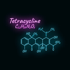 Tetracycline antibiotic chemical formula and composition, concept structural drug, isolated on black background, neon style vector illustration.