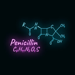 Penicillin antibiotic chemical formula and composition, concept structural drug, isolated on black background, neon style vector illustration.
