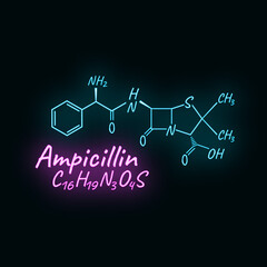 Ampicillin antibiotic chemical formula and composition, concept structural drug, isolated on black background, neon style vector illustration.