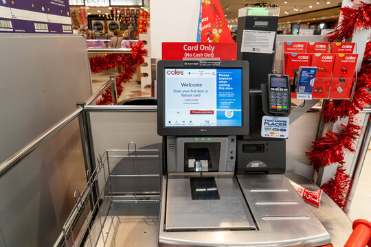 Sydney, Australia 2021-10-13. Self Serve Checkout At Coles Supermarket During Covid Pandemic
