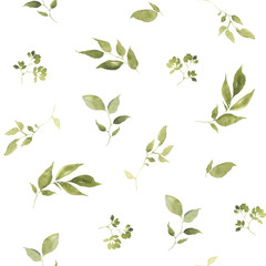 Floral pattern with green branches and leaves, watercolor seamless print on white background.