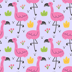 Wild animal childish seamless pattern, background, wallpaper, paper. Flamingo bird with herbs, grass. Vector design for children. Packaging design.