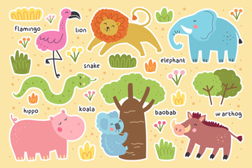 Wild animals stickers sheet, set. Elephant, lion, flamingo, snake, hippo, koala, warthog. Vector design for children. Isolated on background.