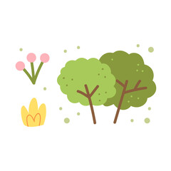 Plants, bushes, grass, flower. Vector flat design. Isolated on white background.