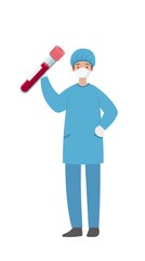 Surgery staff medical worker with test tube of blood isolated on white background, cartoon comic vector character