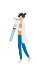 Fototapeta premium Female doctor medical worker with syringe with vaccine isolated on white background, cartoon comic vector character