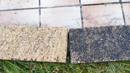sidewalk cleaning contrast between slab paving slabs floor dirty clean pressured washed concrete...