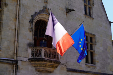 france and europe eu flag fly front of city hall in french town