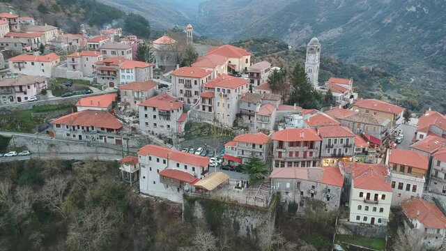 Aerial view over the beautiful historical village Dimitsana during winter period in Arcadia, Peloponnese, Greece