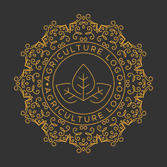 Vintage Agriculture Logo. Golden color.Retro Style luxury logo.Circle shape.