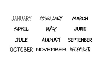 Icon set lettering English texts 12 months of the year for calendar, planner, diary, greeting card. Black on white