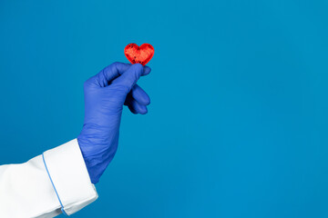 Doctors hand in a glove holds a heart on a blue background with copy space. world heart day, world blood donor concept