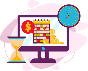 Naklejka premium Computer screen, calendar, hourglass, coin money. Business and startup. Time is money. Order completion dates.