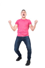 Fototapeta premium Hysterical guy with clenched fists shouting against white background