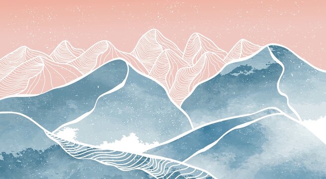 Mountain with line art. Creative minimalist hand painted illustrations of Mid century modern. Natural abstract landscape background